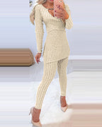 Heart Chain Ribbed Top and Slit Skinny Pants Set