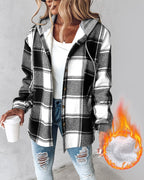 Hooded Plaid Shacket with Long Sleeves and Fleece Lining