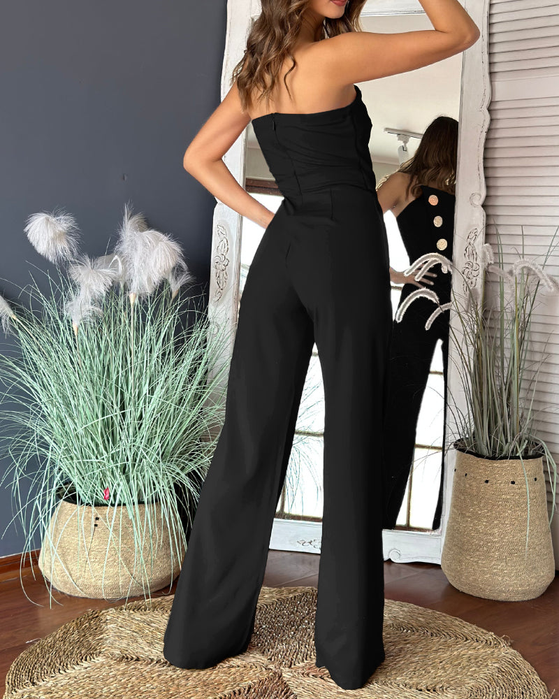 Asymmetrical Strapless Overalls with Metal Button Accents