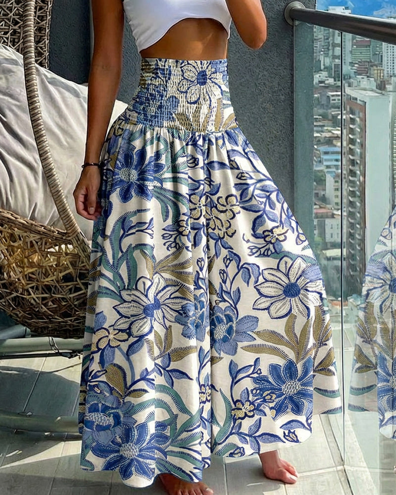 Vintage Floral High-Waist Shirred Wide-Leg Pants