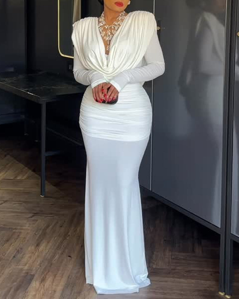 Padded Shoulder Cowl Neck Ruched Backless Maxi Dress