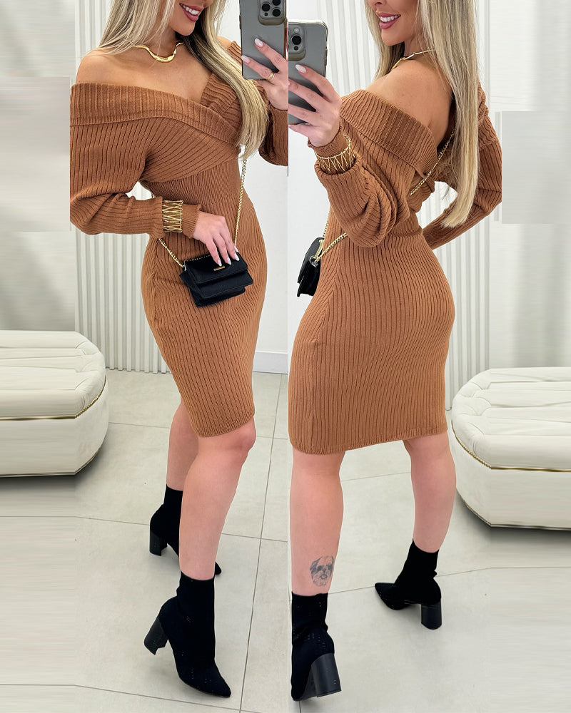 Off-Shoulder Bodycon Sweater Dress with Long Sleeves
