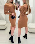 Off-Shoulder Bodycon Sweater Dress with Long Sleeves