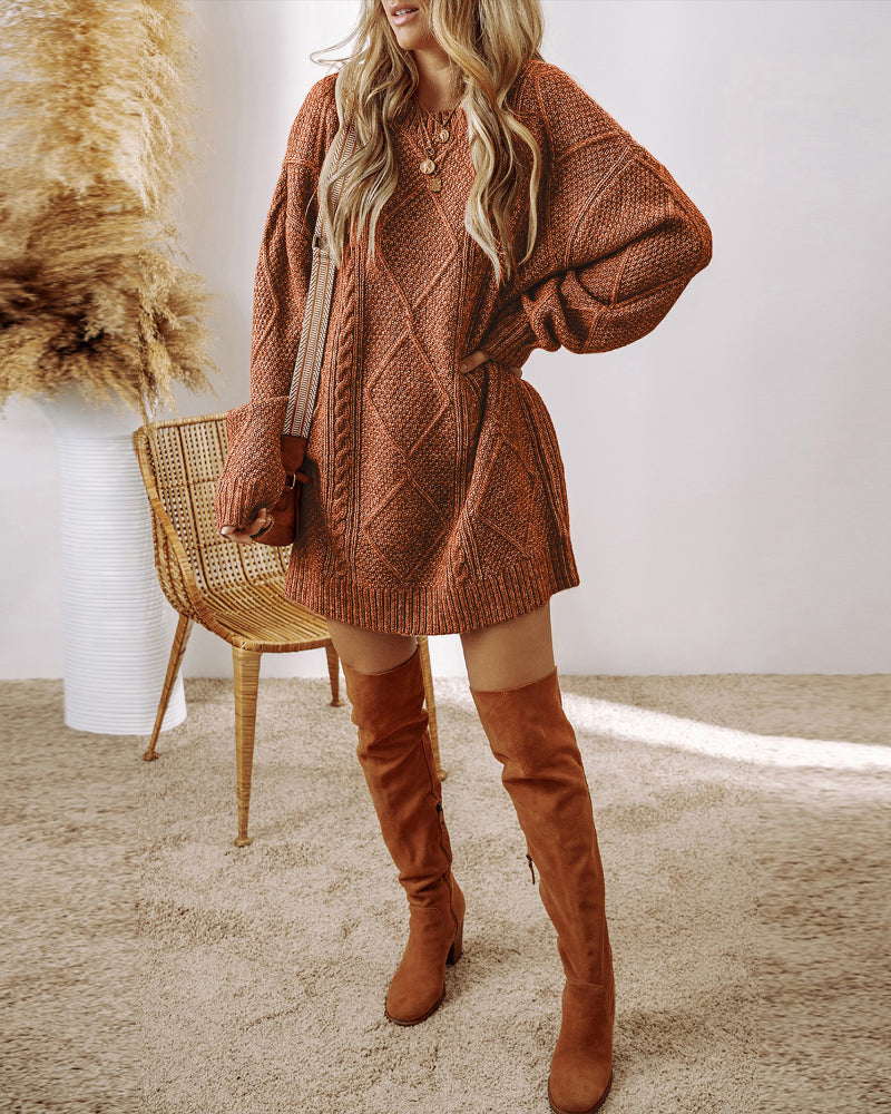 Casual Mid-Length Cable Knit Drop Shoulder Pullover Sweater