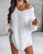 V-Neck Beaded Long Sleeve Fluffy Oversized Pullover Sweater