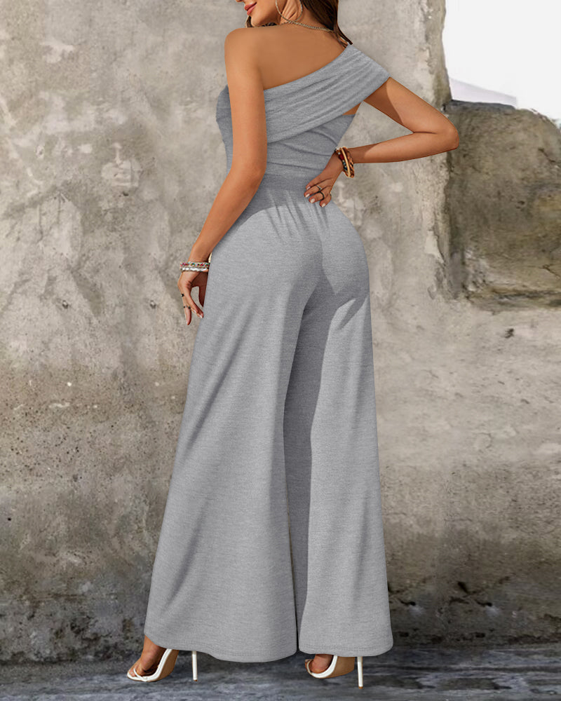 Buckled Cold Shoulder Ruched Wide-Leg Fashion Jumpsuit