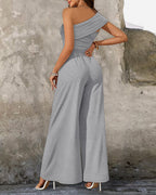 Buckled Cold Shoulder Ruched Wide-Leg Fashion Jumpsuit
