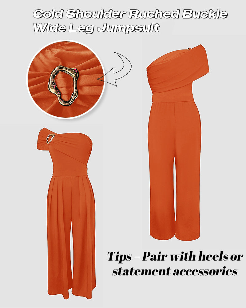 Buckled Cold Shoulder Ruched Wide-Leg Fashion Jumpsuit
