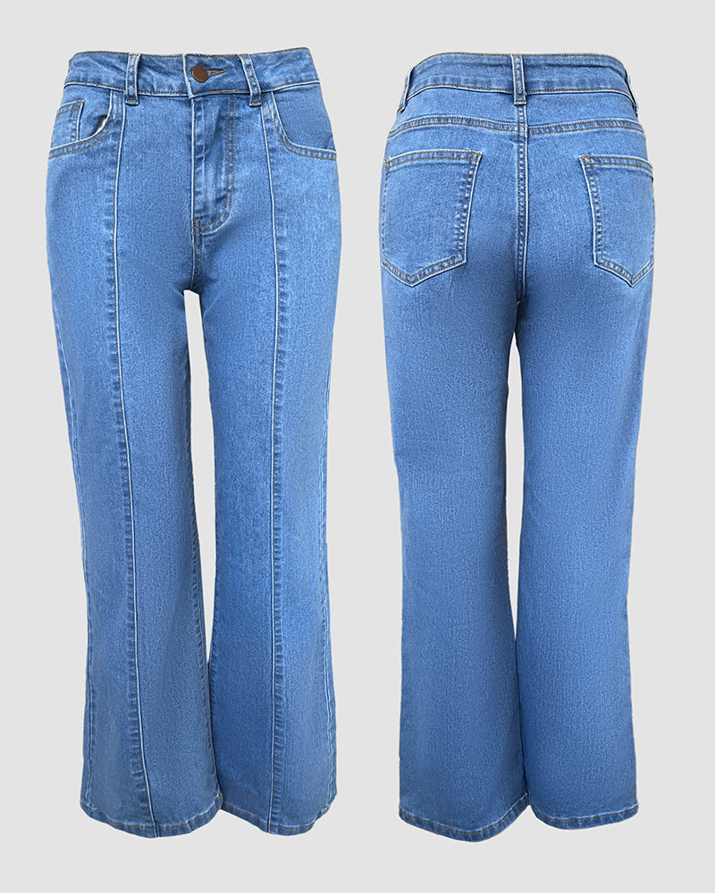 High Waist Straight Leg Seam Front Zip Casual Jeans