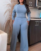 2-Piece O-Neck Sweatshirt and Wide-Leg Pants Set with Cinched Waist
