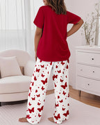Heart & Butterfly Print Pajama Set for Valentine's Day, Loose Fit