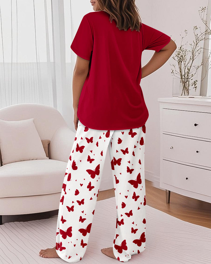 Heart & Butterfly Print Pajama Set for Valentine's Day, Loose Fit