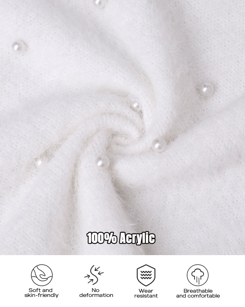 V-Neck Beaded Long Sleeve Fluffy Oversized Pullover Sweater