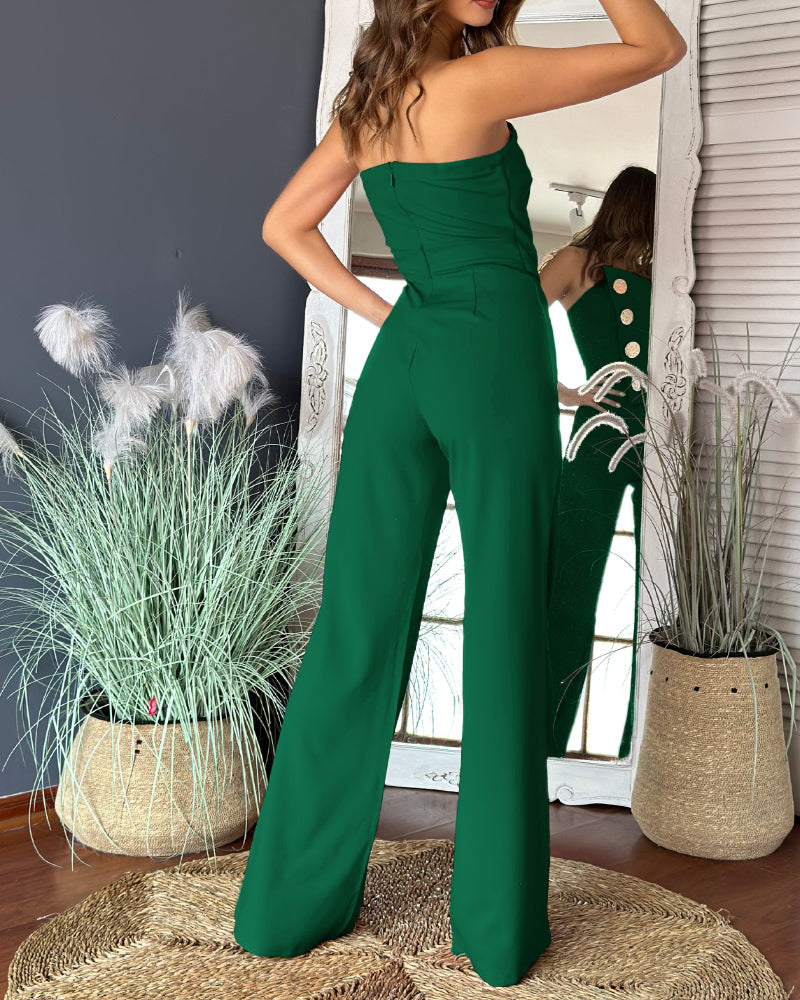 Asymmetrical Strapless Overalls with Metal Button Accents