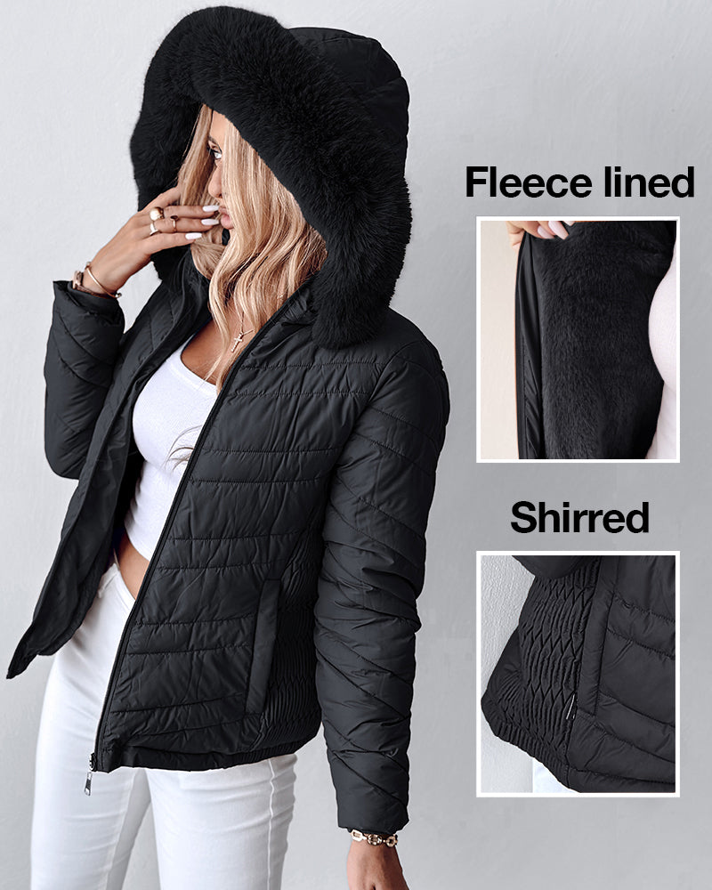 Fuzzy Trim Hooded Puffer Jacket with Shirred Zipper Pockets
