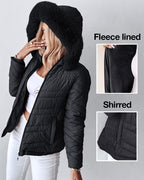 Fuzzy Trim Hooded Puffer Jacket with Shirred Zipper Pockets