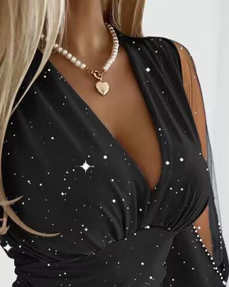 Glittery Mesh Patchwork Bodycon Dress
