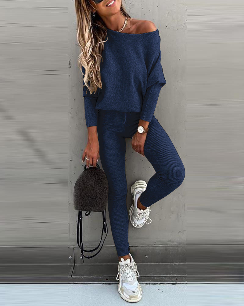 Skew Neck Pullover with High-Waist Drawstring Pants Set
