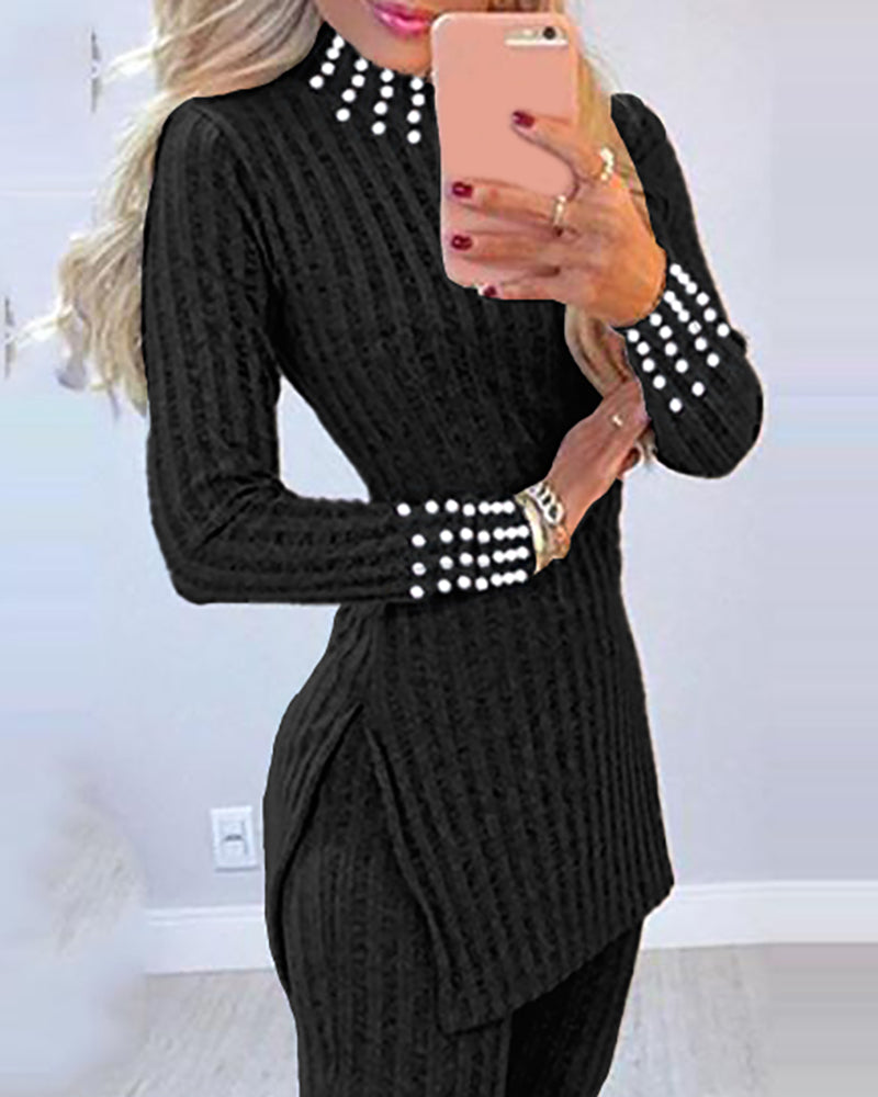 2-Piece Knit Top with Beaded Long Sleeves and Skinny Pants