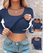 U-Neck Long Sleeve Ribbed Top with Built-In Bra