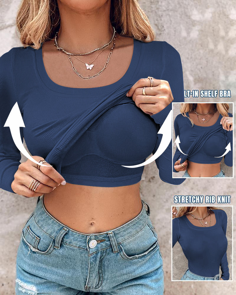 U-Neck Long-Sleeve Ribbed Top Featuring Integrated Bra Support