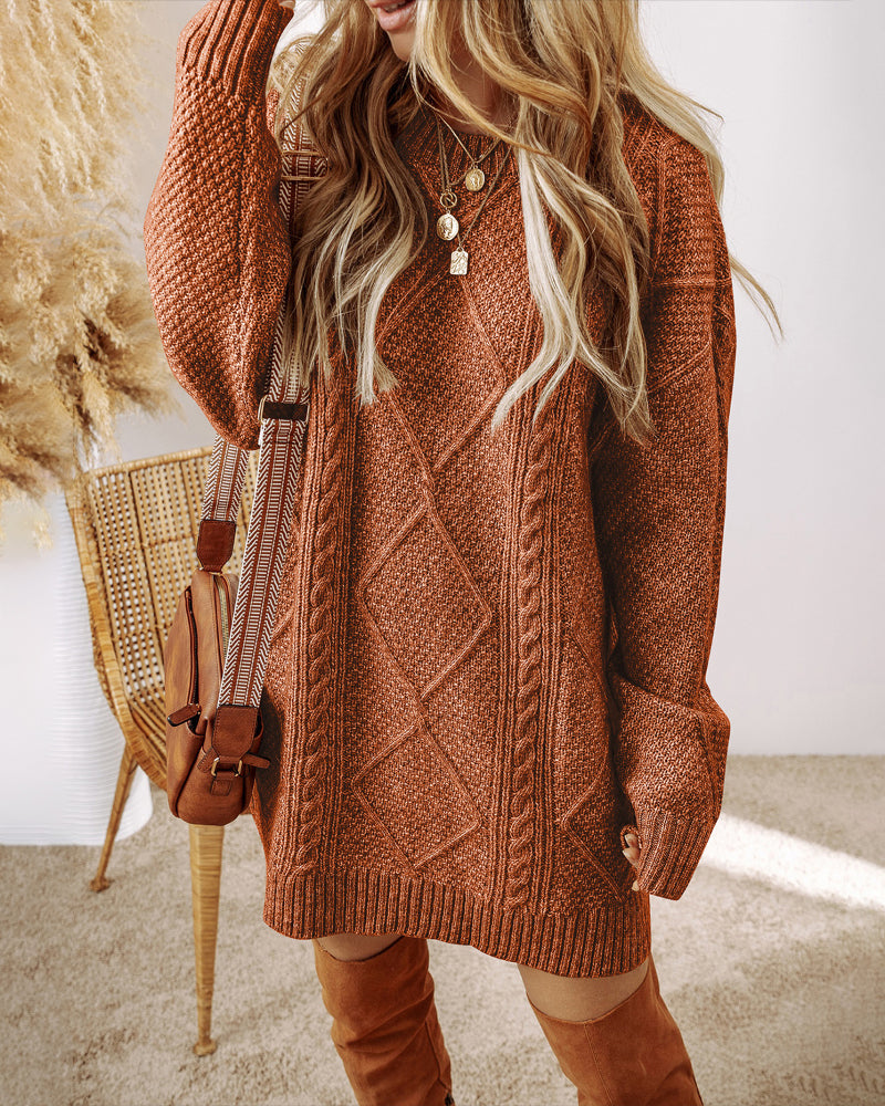 Casual Mid-Length Cable Knit Drop Shoulder Pullover Sweater