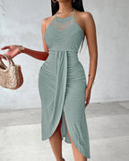Ruched Halter Dress with Lace Yoke and Adjustable Neckline