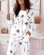 Floral Print Long-Sleeve Top and Pants Casual PJ Set