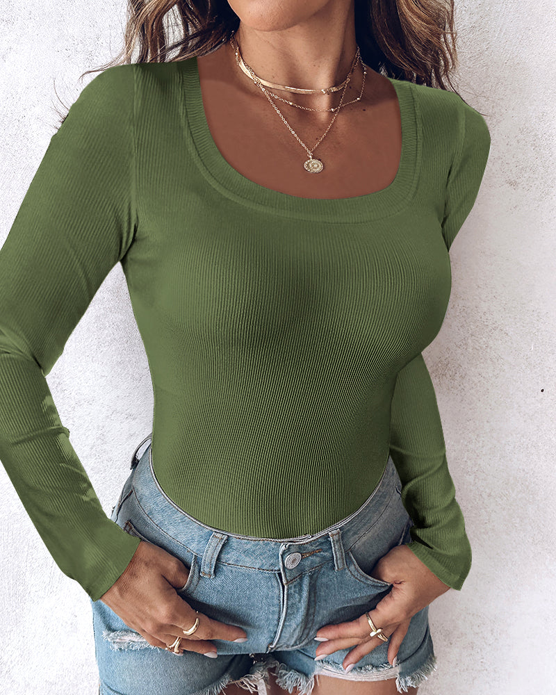 U-Neck Long-Sleeve Ribbed Top Featuring Integrated Bra Support