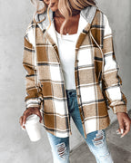Hooded Plaid Shacket with Long Sleeves and Fleece Lining
