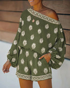 2-Piece Boho Set: Lantern Sleeve Top and Shorts Outfit