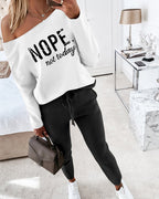 "Nope. Not Today" Asymmetric Neckline Top and Fitted Pants Set