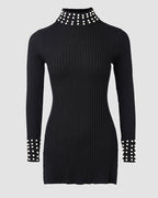 2-Piece Knit Top with Beaded Long Sleeves and Skinny Pants