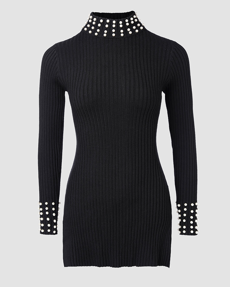 2-Piece Knit Top with Beaded Long Sleeves and Skinny Pants