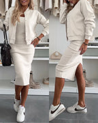 2-Piece U-Neck Tank Dress with Pearl-Button Baseball Coat Set