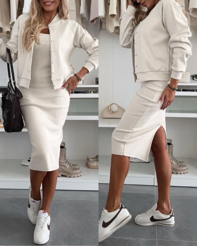 2-Piece U-Neck Tank Dress with Pearl-Button Baseball Coat Set