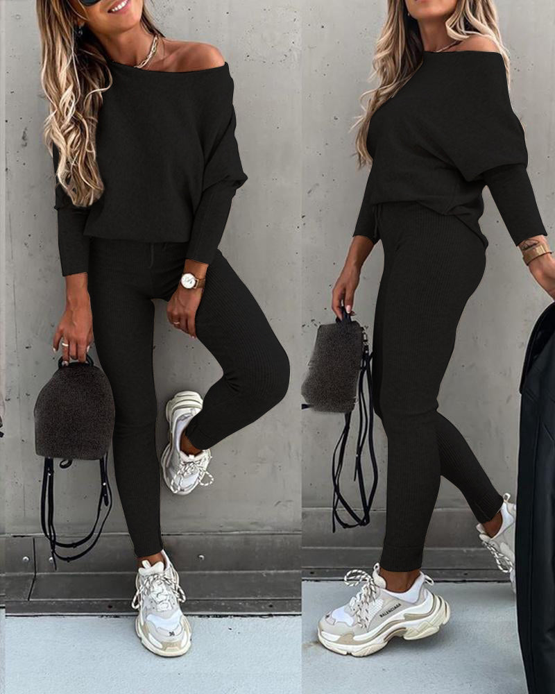 Skew Neck Pullover with High-Waist Drawstring Pants Set