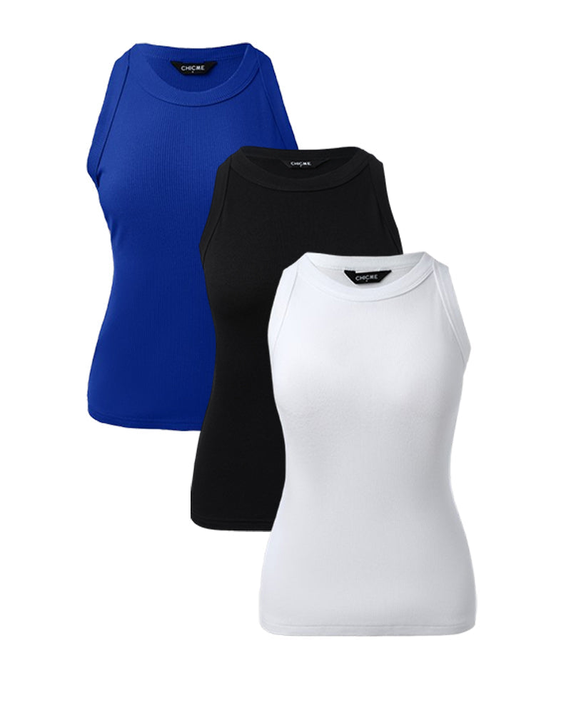 3-Pack Knit Racerback Tank Tops, Round Neck, Thick Straps