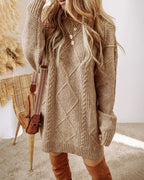 Casual Mid-Length Cable Knit Drop Shoulder Pullover Sweater