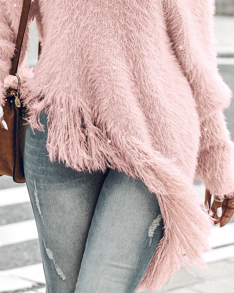 V-Neck Long Sleeve Tassel Fringe Pullover Sweater for Fall/Winter