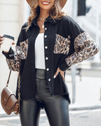 Leopard Sequin Patchwork Shacket with Raw Hem Long Sleeves