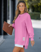 Drop Shoulder Zip-Side Long Sleeve Pullover with Slit Detail.