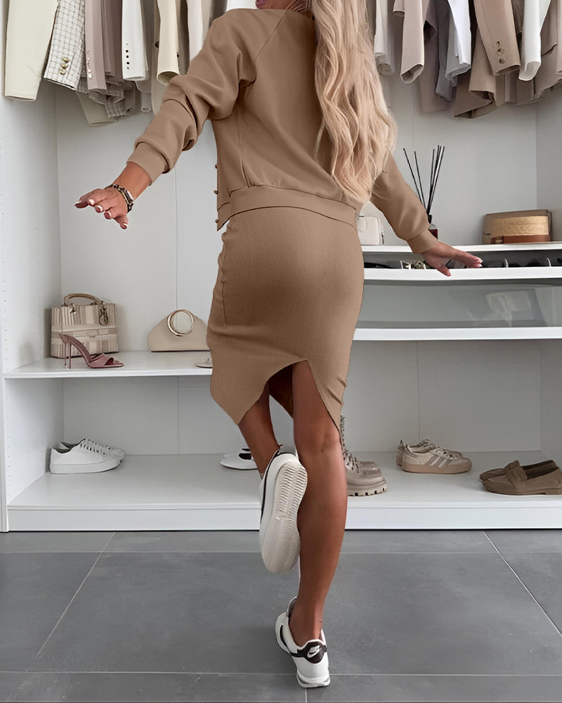 2-Piece U-Neck Tank Dress with Pearl-Button Baseball Coat Set