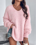 V-Neck Beaded Long Sleeve Fluffy Oversized Pullover Sweater
