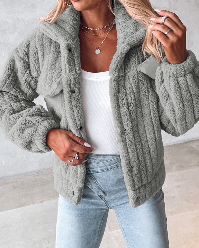 Striped Teddy Fleece Jacket with Buttons and Flap Pockets