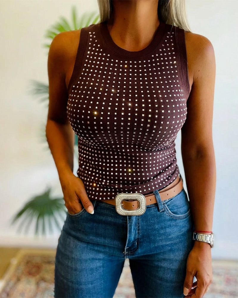 Embellished Rhinestone O-Neck Sleeveless Slim Ribbed Tank Top