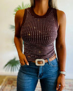 Embellished Rhinestone O-Neck Sleeveless Slim Ribbed Tank Top
