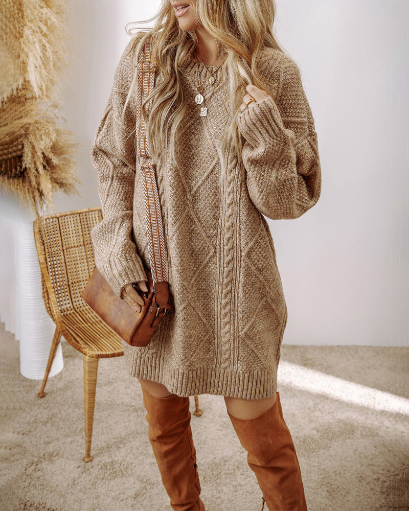 Casual Mid-Length Cable Knit Drop Shoulder Pullover Sweater