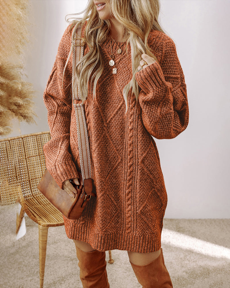 Casual Mid-Length Cable Knit Drop Shoulder Pullover Sweater