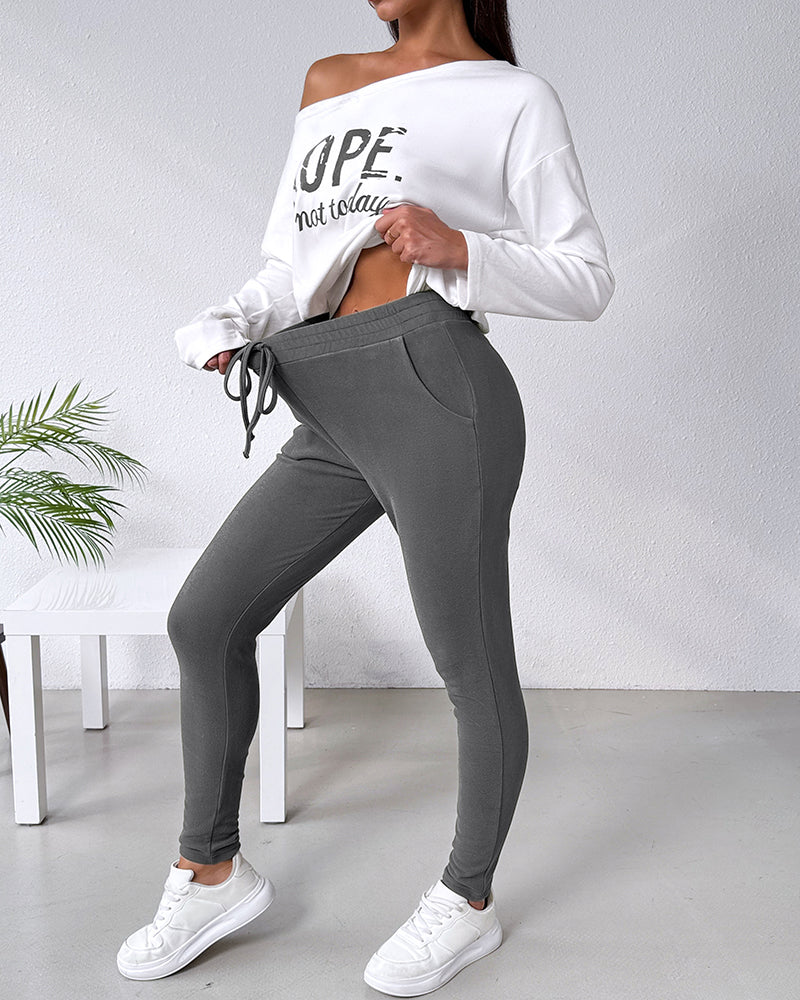 "Nope. Not Today" Asymmetric Neckline Top and Fitted Pants Set